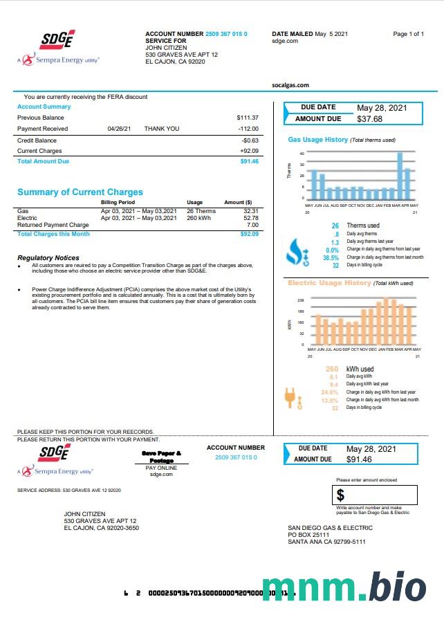Usa California San Diego Gas&Electric (SDG & E) szablon rachunku za media w formacie Word i PDF